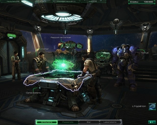 starcraft ii wings of liberty pc 452 e1364851357885 Voici le pont de votre vaisseau-amiral, l'Hyperion. Vous déciderez ici des missions à faire, ou de voir des replays, ou encore d'accéder aux autres sections du vaisseau.