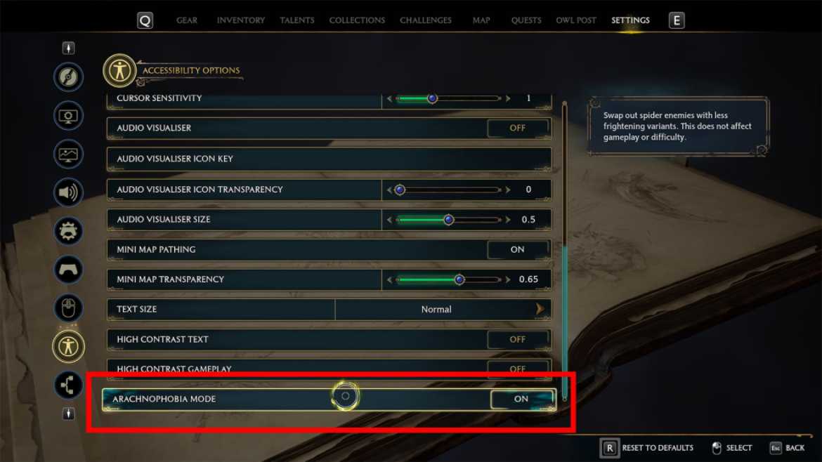 Comment activer le mode Arachnophobie dans lheritage de Poudlard Menu d'accessibilité du mode Arachnophobie Legacy de Poudlard