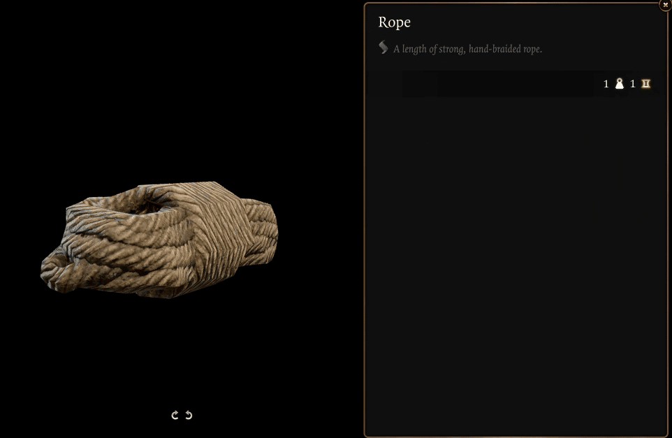 A quoi sert la corde dans Baldurs Gate 3 BG3 Une capture d’écran de la description de l’article de corde à l’intérieur de Baldur’s Gate.