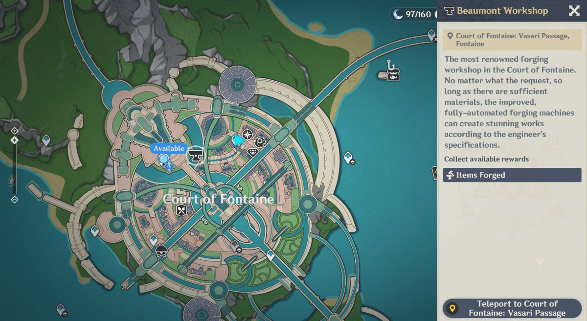 Comment obtenir les armes artisanales de Fontaine a Genshin Impact Carte de Fontaine mettant en vedette un forgeron à Genshin Impact