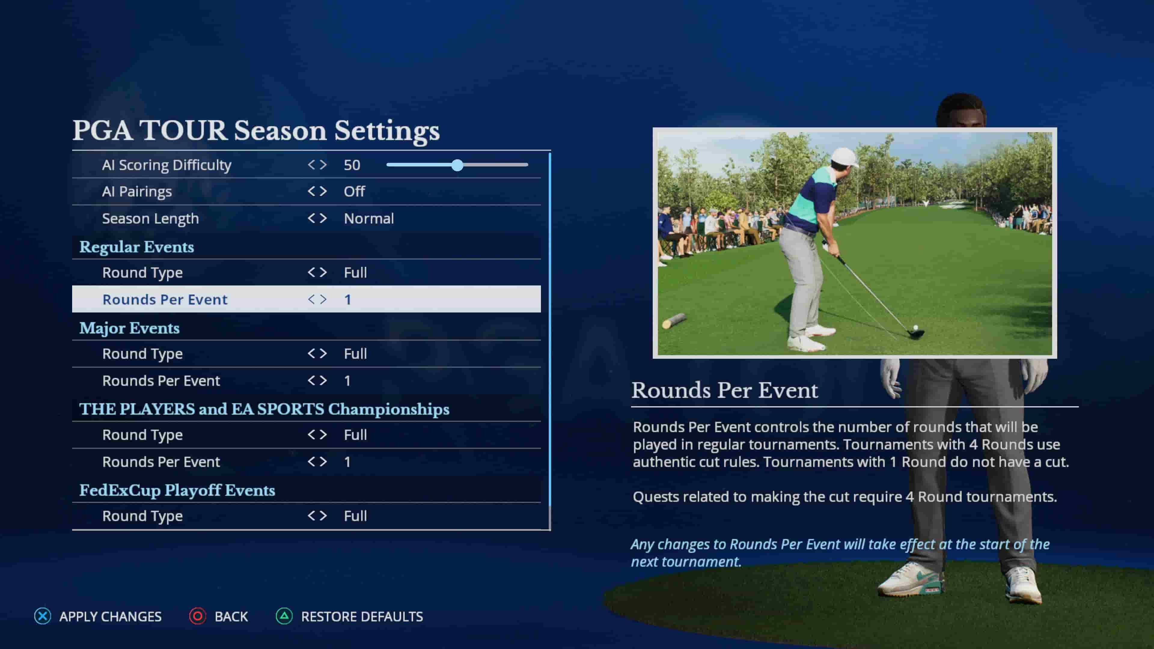 EA Sports PGA Tour Comment changer les parametres du tournoi où changer la durée des rondes de tournoi dans le PGA Tour