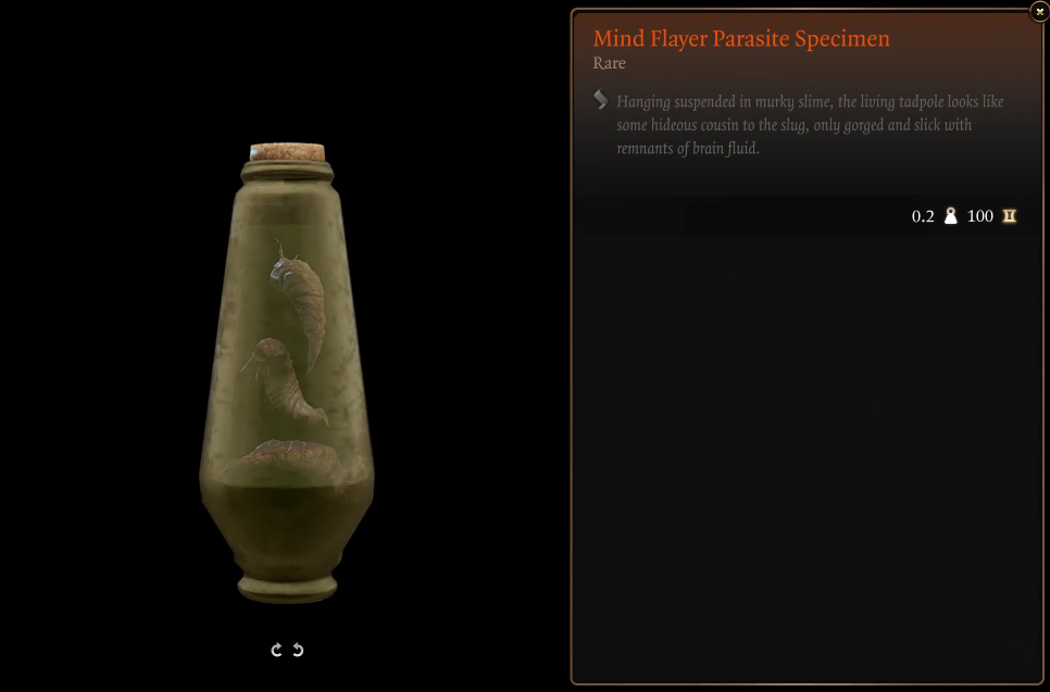 Que se passe t il si vous utilisez Illithid Powers dans BG3 Une capture d’écran de la description en jeu de l’objet Mind Flayer Parasite Specimen dans Baldur’s Gate 3.