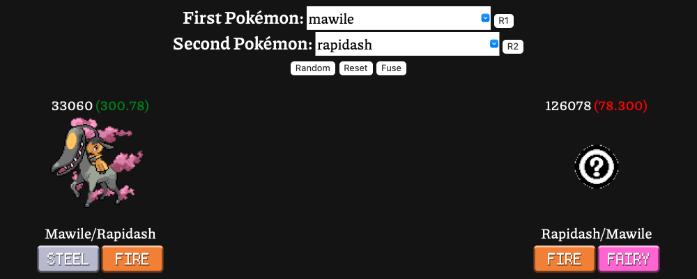 1693838737 328 Comment utiliser Pokemon Infinite Fusion Generator Une capture d’écran du générateur Pokemon Infinite Fusion. Mawile est sélectionné comme premier Pokémon, et Rapidash est sélectionné comme second Pokémon. La génération de gauche, « Mawile/Rapidash », a un sprite unique, tandis que la génération de droite, « Rapidash/Mawile », a échoué et n’a qu’un point d’interrogation graphique.