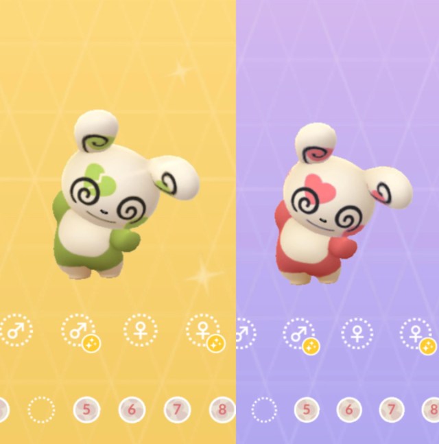 1694445599 144 Top 10 des Pokemon brillants les plus rares dans Pokemon Une image de Spinda à motifs de cœur coloré brillant et régulier dans le Pokédex Pokémon GO.