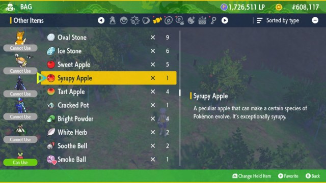 1694583276 831 Comment faire evoluer Applin en Dipplin dans Pokemon Ecarlate amp Capture d’écran Pokémon Scarlet & Violet: The Teal Mask du menu Autres éléments avec la pomme sirupeuse mise en surbrillance.