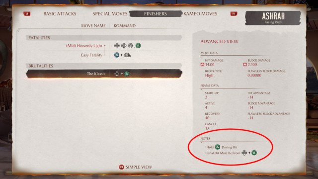 1695155410 161 Comment effectuer des brutalites dans Mortal Kombat 1 Une capture d’écran de Mortal Kombat 1 du menu des mouvements de finition avec la section « Notes » entourée en rouge.