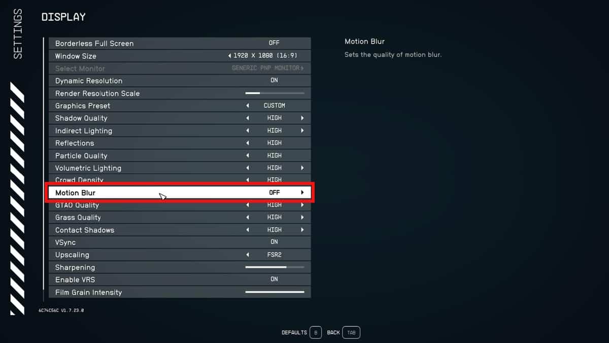 Comment desactiver le flou de mouvement dans Starfield Option de flou de mouvement Starfield