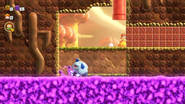 1698603547 965 Super Mario Bros Wonder Toutes les entrees speciales dans Une capture d’écran de Super Mario Bros. Wonder du passage menant à la sortie secrète du Bulrush Express.