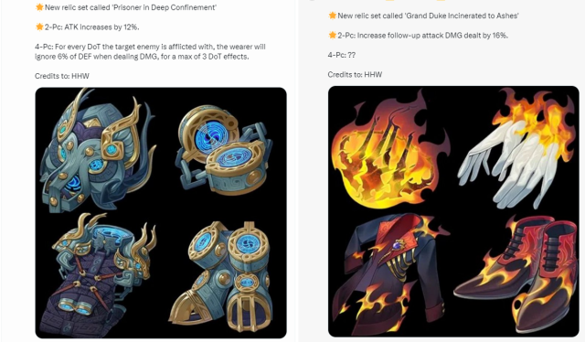 Honkai Star Rail Leaks montre quatre nouveaux ensembles de reliques Prisonnier de prison et Grand Canard incinéré en cendres Décors de reliques à Honkai: Star Rail