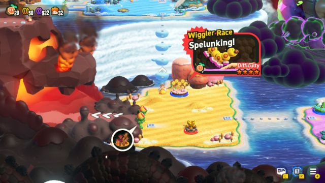 Super Mario Bros Wonder Toutes les entrees speciales dans Une capture d’écran de Super Mario Bros. Wonder de la Wiggler Race : Spéléologie ! étape dans les îles des Pétales.