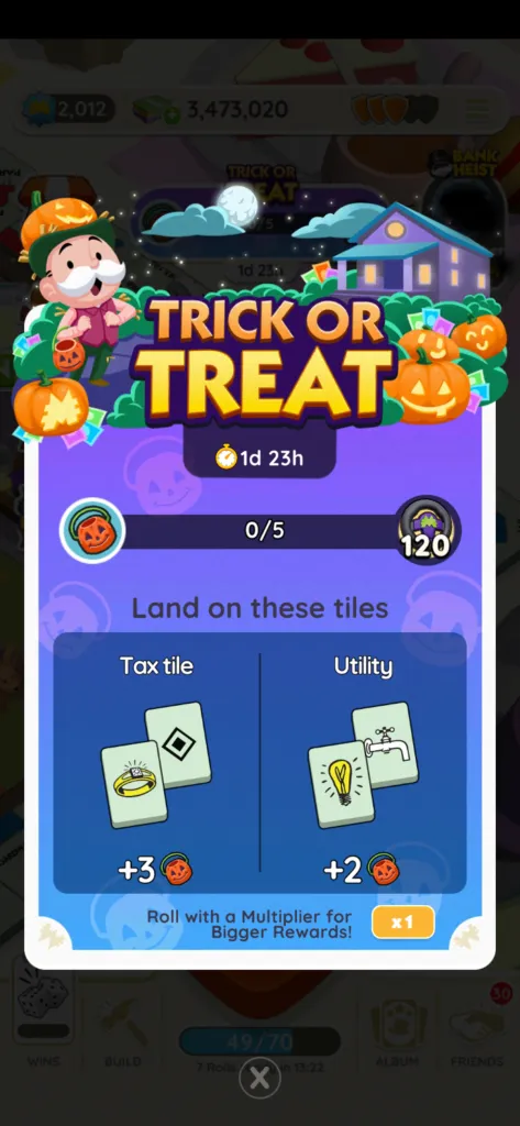 Toutes les recompenses de levenement Trick or Treat dans Monopoly Une image pour l’événement Trick or Treat dans Monopoly GO. L’image montre l’oncle Pennybags portant une citrouille sur la tête et tenant un panier pour aller chercher des bonbons. L’image fait partie d’un article sur toutes les récompenses et les étapes de Trick or Treat au Monopoly GO, ainsi que sur la façon de les gagner.