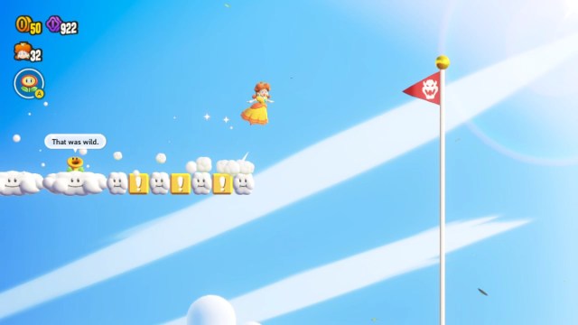 1699024716 757 Super Mario Bros Wonder Toutes les sorties secretes Une capture d’écran de Super Mario Bros. Wonder de la sortie secrète au-dessus des nuages dans Bulrush Coming Through.