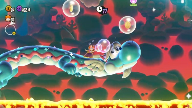 1699911374 191 Top 5 des gimmicks Wonder Flower Power dans Super Mario Une capture d’écran de Super Mario Bros. Wonder de Bubble Daisy chevauchant le dos d’un dragon soufflant des bulles.