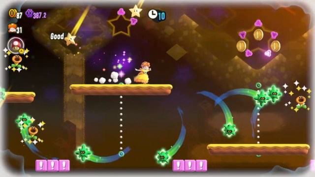 1699911374 460 Top 5 des gimmicks Wonder Flower Power dans Super Mario Une capture d’écran de Super Mario Bros. Wonder des étoiles filantes Wonder Flower. Daisy court en filant des étoiles d’invincibilité.
