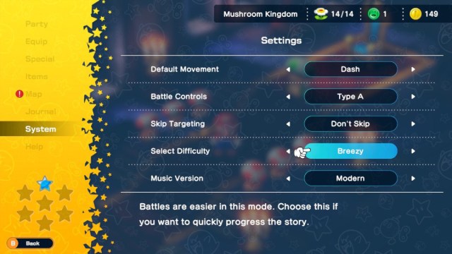 1700515517 816 Super Mario RPG pouvez vous changer la difficulte du jeu Une capture d’écran des options de paramètres de Super Mario RPG, avec le curseur sur « Difficulté ».