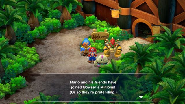 1700545061 980 Tous les personnages jouables et comment les debloquer dans Super Une capture d’écran de Super Mario RPG de Mario, Mallow, Geno et Bowser à l’extérieur de la tour Booster.