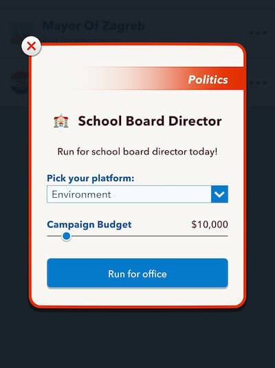 Comment devenir president de BitLife Capture d’écran BitLife de l’option de candidature au poste de directeur d’un conseil scolaire
