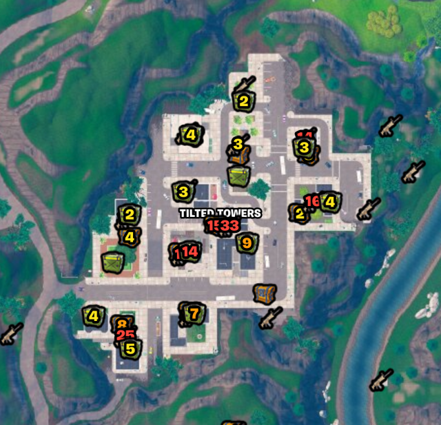 Guide des emplacements Fortnite des tours inclinees Tous les Emplacements du butin Fortnite Tilted Towers