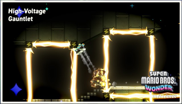 Top 5 des gimmicks Wonder Flower Power dans Super Mario Une capture d’écran de Super Mario Bros. Wonder d’une photo d’achèvement de niveau de la scène High-Voltage Gauntlet. Daisy est dans le power-up Fleur de merveille de métal.