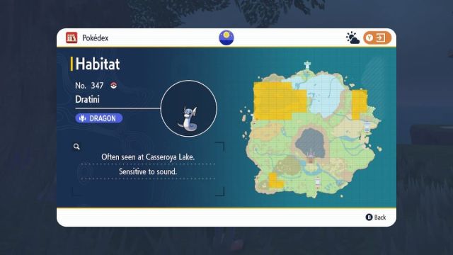 1702672082 869 Ou trouver Dragonite a letat sauvage dans Pokemon Scarlet et Capture d’écran de Pokemon Scarlet et Violet de l’emplacement de l’habitat de Dratini.