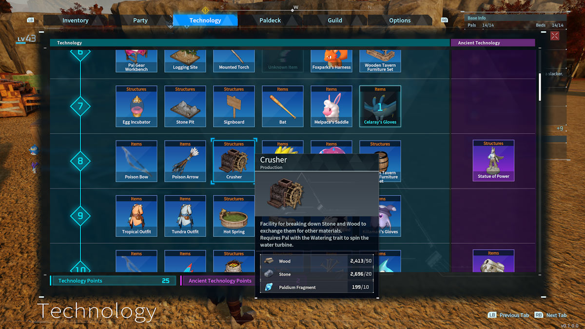 Comment obtenir et utiliser un concasseur dans Palworld Menu du Concasseur Palworld