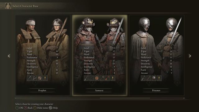 Elden Ring Meilleure classe de personnage de base pour Capture d’écran d’Elden Ring des options de base des personnages du Prophète, du Samouraï et du Prisonnier