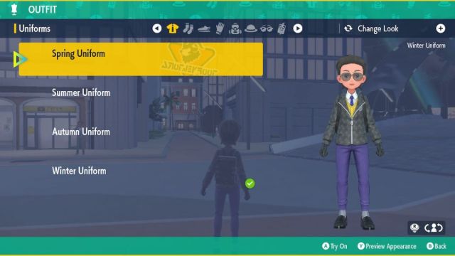 Meilleures idees de tenues de personnages dans Pokemon Scarlet et Capture d’écran de Pokemon Scarlet et Violet de l’uniforme d’hiver avec des accessoires noirs.