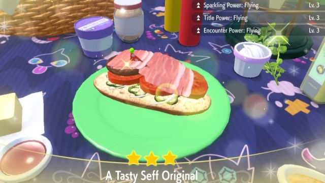 Quest ce que le pouvoir du titre dans Pokemon Scarlet et Capture d’écran de Pokemon Scarlet et Violet d’un sandwich de niveau de puissance de titre 3.