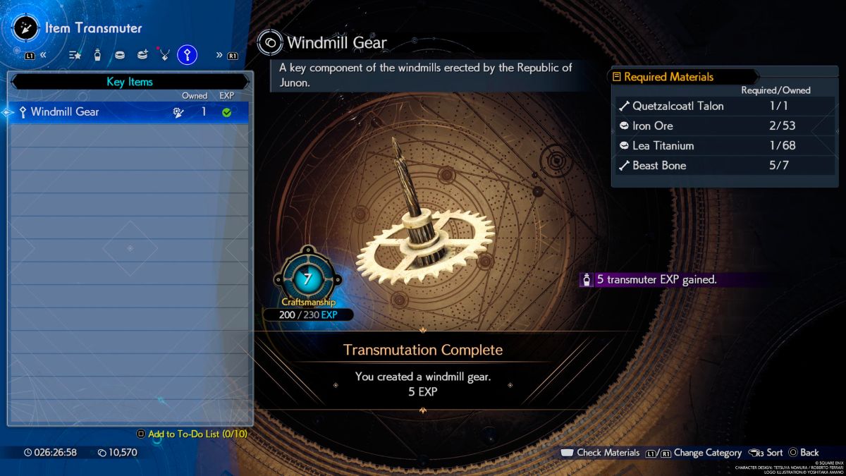 1709189366 40 Comment obtenir Quetzalcoatl Talon dans Final Fantasy 7 Rebirth FF7 Capture d’écran de la fabrication de l’équipement du moulin à vent avec le transmutateur d’objets dans Final Fantasy 7 Rebirth.