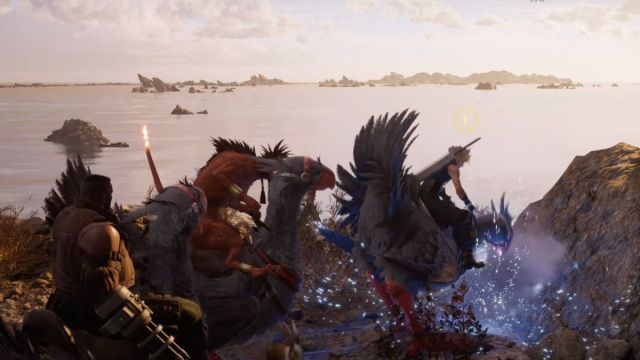Quand sortira lepisode Junon de la demo de Final Fantasy Capture d’écran de Cloud, Barret et Red XIII sur des chocobos dans Final Fantasy 7 Rebirth.
