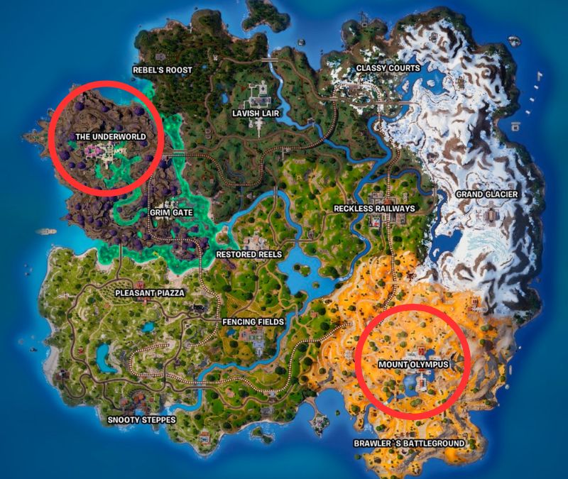 1709973862 280 Fortnite Chapitre 5 Saison 2 Comment fouiller un coffre Capture d’écran des emplacements de la carte du Mont Olympe et des Enfers dans Fortnite Chapitre 5 Saison 2.