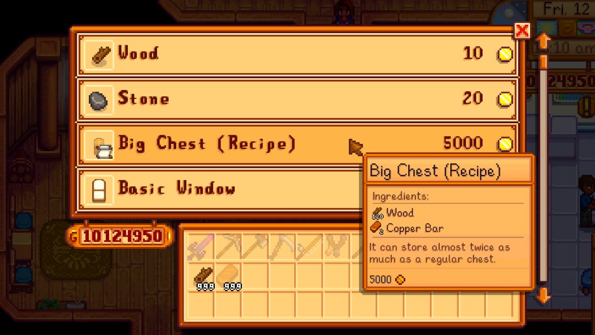 1710882059 73 Comment fabriquer un grand coffre dans Stardew Valley Mise a Capture d’écran de la recette du Big Chest dans Stardew Valley.