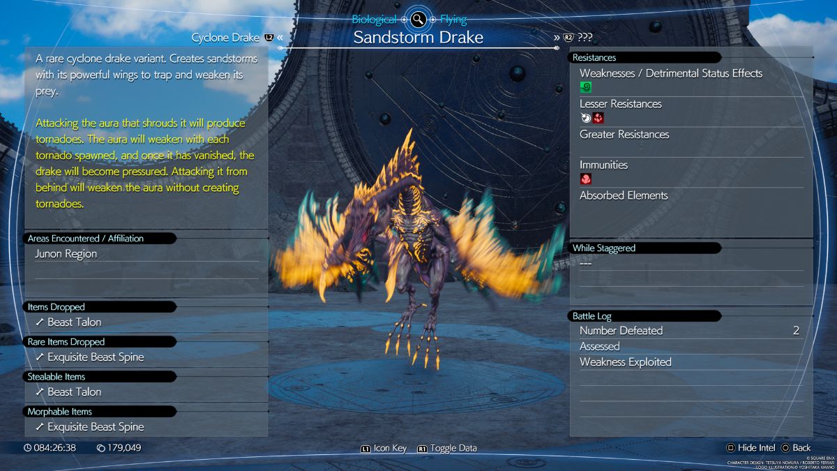 Comment evaluer 10 ennemis a Junon dans Final Fantasy 7 Capture d’écran de l’évaluation d’un dragon tempête de sable dans FF7 Rebirth.