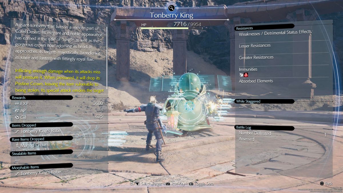 Comment evaluer 25 ennemis dans Corel dans Final Fantasy 7 Capture d’écran de l’évaluation de Tonberry King dans FF7 Rebirth.