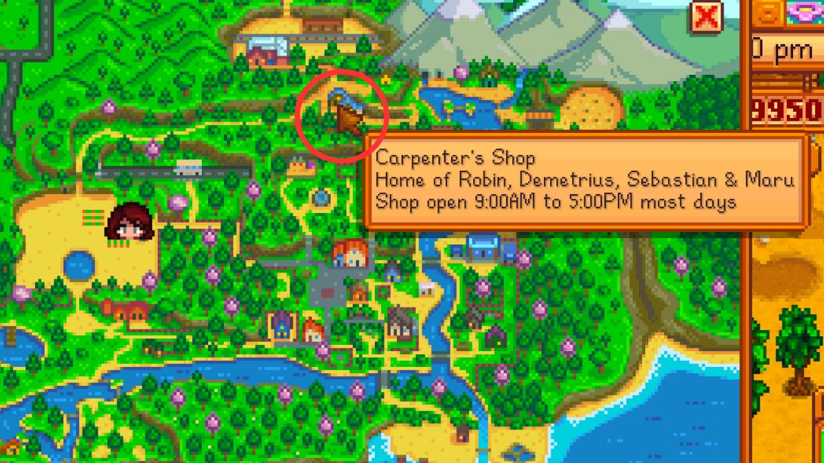 Comment fabriquer un grand coffre dans Stardew Valley Mise a Capture d’écran de l’emplacement de la carte Carpenter’s Shop dans Stardew Valley.