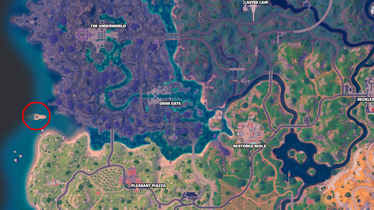 Comment trouver Midas dans Fortnite Chapitre 5 Saison 2 Capture d’écran de l’emplacement de Midas sur la carte dans Fortnite Chapitre 5 Saison 2.