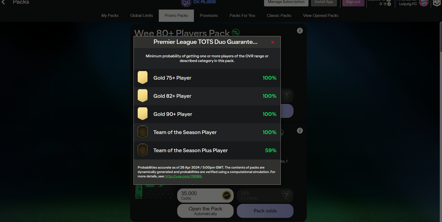 Le pack de garantie EA FC 24 Premier League TOTS Cotes du pack EA FC 24 Premier League TOTS Guaranteed Duo