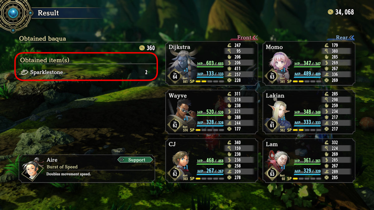 1715621780 240 Comment obtenir de la pierre scintillante dans Eiyuden Chronicle Hundred Une capture d’écran d’Eiyuden Chronicle : Hundred Heroes de l’écran de fin de combat. Les butins d’objets, dont 2 Sparklestone, sont entourés en rouge.