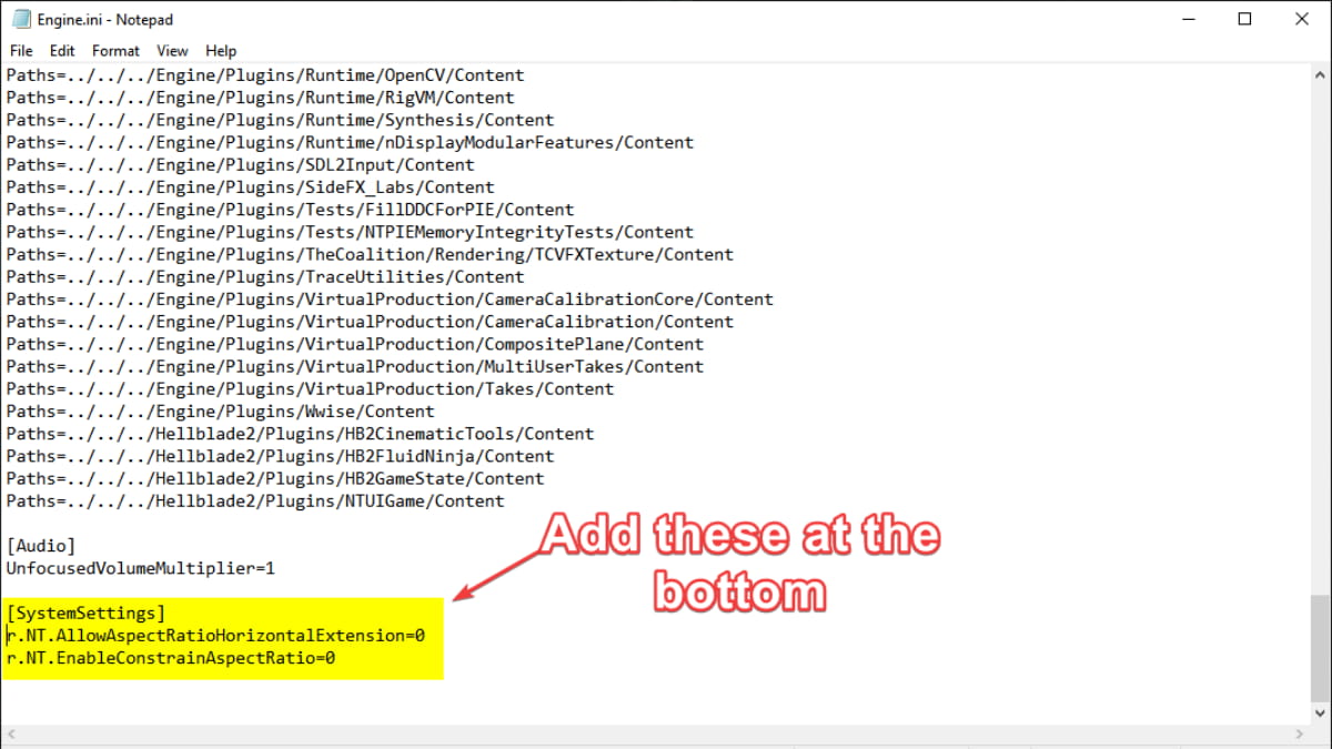 Comment supprimer leffet boite aux lettres Senuas Saga Hellblade 2 Hellblade 2 Engine.ini Fichier modifié dans le Bloc-notes