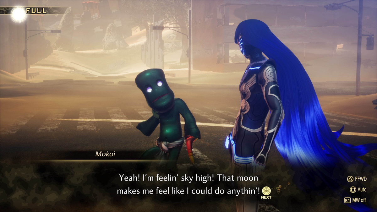 1719458133 555 Shin Megami Tensei V Tout savoir sur les phases Une capture d’écran de Shin Megami Tensei V de Nahobino parlant à un démon pendant une pleine lune.