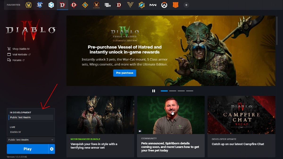 Comment installer Diablo 4 Public Test Realm Diablo 4 Domaine de test public Dropdown Box Filet de combat