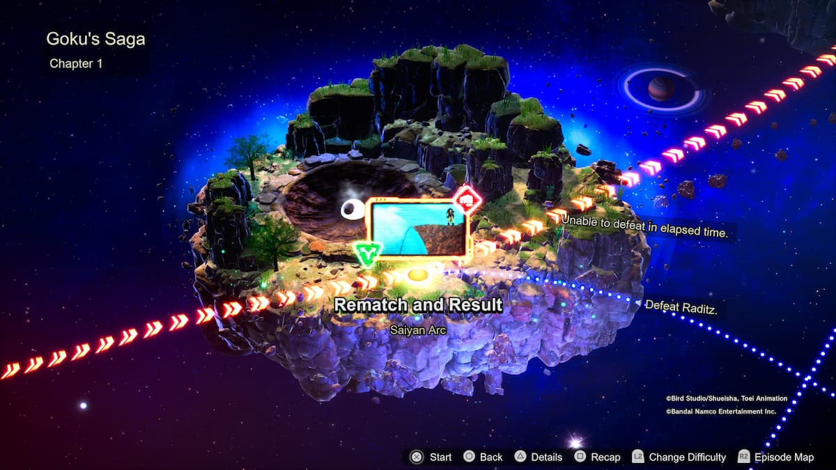 1729115185 479 Comment debloquer toutes les chronologies alternatives des batailles depisodes de Une carte intitulée Goku’s Saga, Chapter 1 se déroulant sur une île cratérienne, avec la quête Revanche et Résultat et des chemins menant à des batailles contre Raditz.