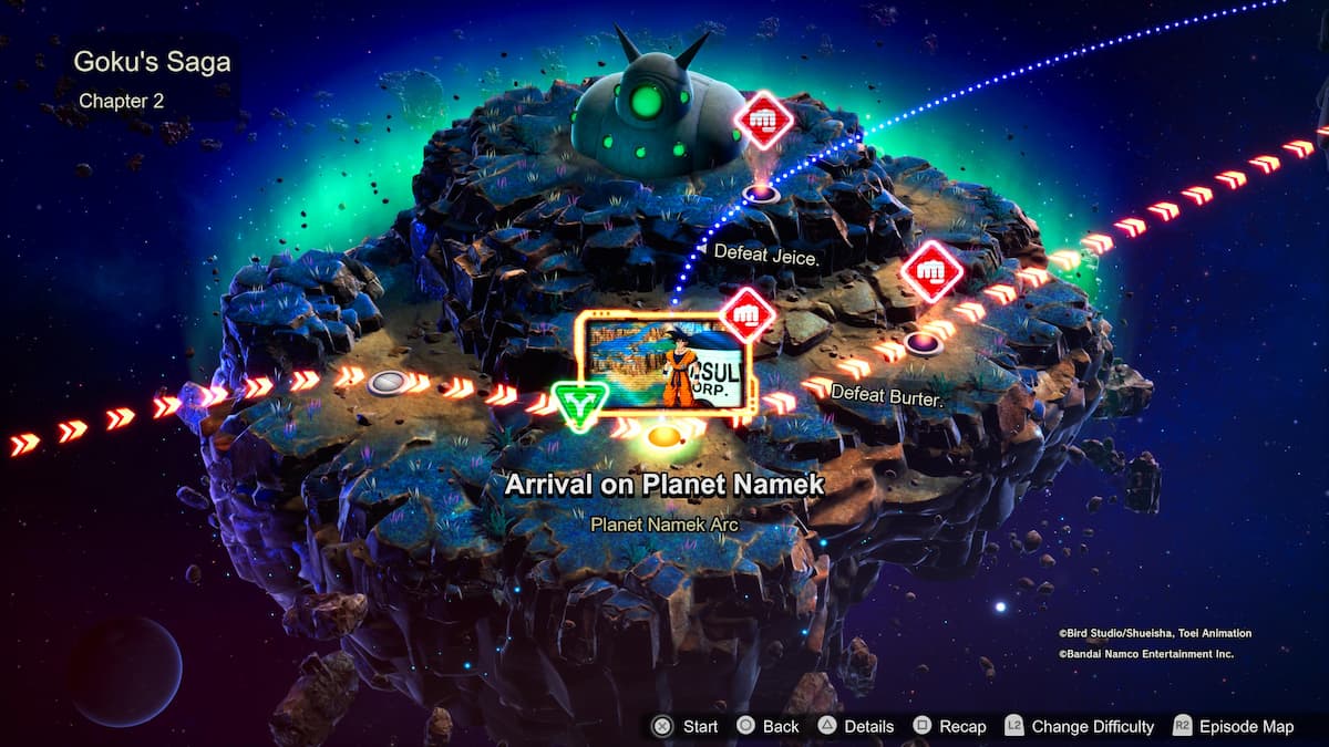 1729115186 917 Comment debloquer toutes les chronologies alternatives des batailles depisodes de Chapitre 2 avec la mission intitulée Arrivée sur la planète Namek. Goku arrive avec le logo Capsule Corp en arrière-plan. L’objectif est de vaincre Jeice et Burter.