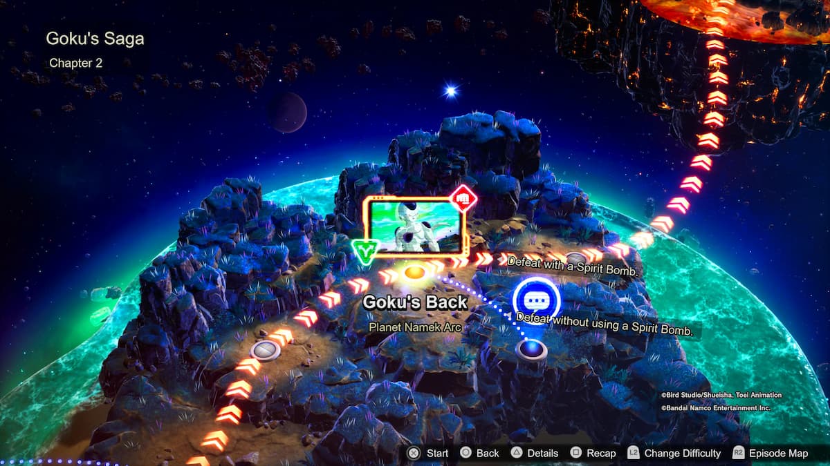 1729115187 31 Comment debloquer toutes les chronologies alternatives des batailles depisodes de Un terrain rocheux avec des lumières bleues, sous le titre Goku’s Saga, Chapitre 2 de l’arc Planet Namek, avec des options pour vaincre l’ennemi en utilisant ou sans utiliser une bombe spirituelle.