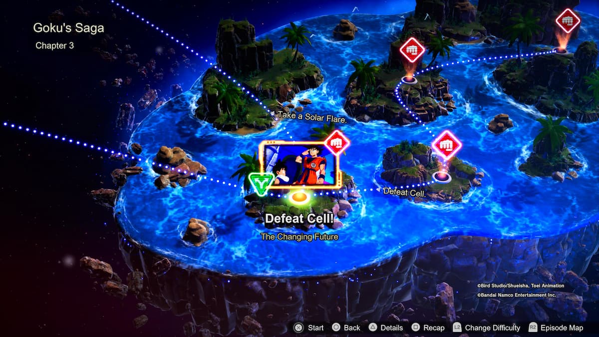 1729115189 677 Comment debloquer toutes les chronologies alternatives des batailles depisodes de Une carte représentant une île entourée d’eau bleu vif. La carte s’intitule Goku’s Saga, chapitre 3 et la tâche principale est Defeat Cell ! dans l’histoire de The Changing Future.