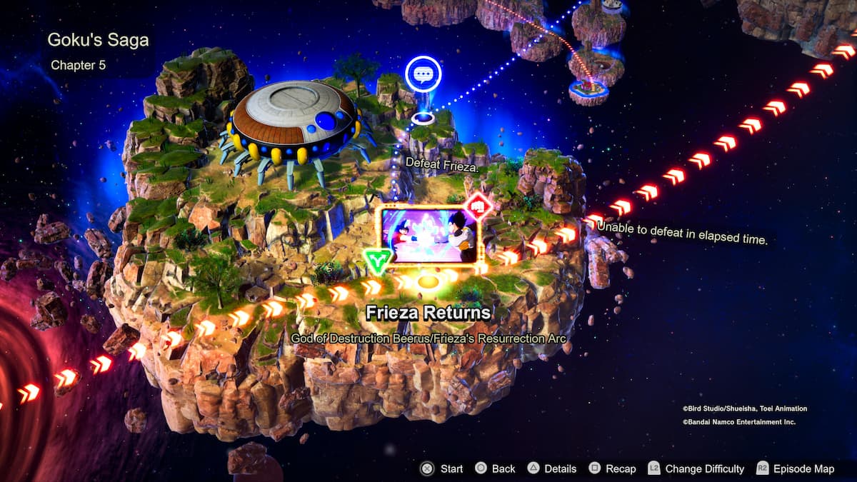 1729115191 124 Comment debloquer toutes les chronologies alternatives des batailles depisodes de Une carte montrant une zone rocheuse avec un vaisseau spatial et plusieurs chemins. La carte s’intitule Goku’s Saga, Chapter 5, avec la quête Freezer Returns in the God of Destruction Beerus/Freezer’s Resurrection Arc.
