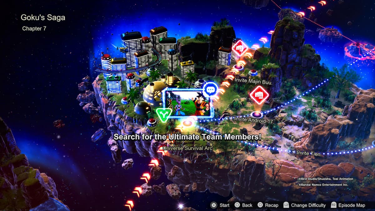 1729115194 280 Comment debloquer toutes les chronologies alternatives des batailles depisodes de Une carte du paysage urbain de la saga Goku, chapitre 7 intitulé À la recherche des membres ultimes de l’équipe !, situé dans l’arc de survie de l’univers. La mission consiste à recruter Majin Buu, Android 17 et Tien.