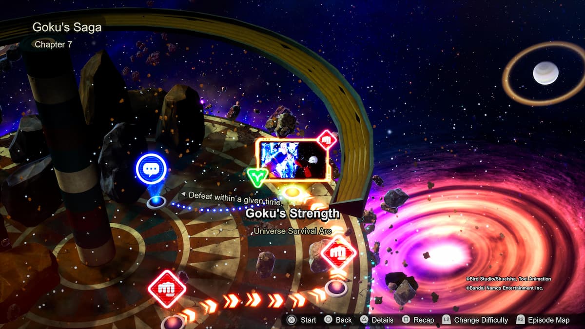 1729115195 183 Comment debloquer toutes les chronologies alternatives des batailles depisodes de Une carte sur le thème cosmique dans le chapitre 7 de la saga Goku, avec une quête intitulée Goku’s Strength from the Universe Survival Arc, entourée de rochers et d’une galaxie tourbillonnante.