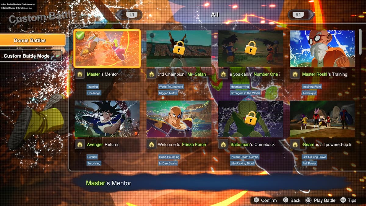 1729115839 467 Comment faire du Zeni facile dans Dragon Ball Spark ZERO Dragon Ball : Étincelle ! ZERO Menu Custom Battle affichant des batailles bonus, proposant diverses missions et défis avec des images et des descriptions de personnages.