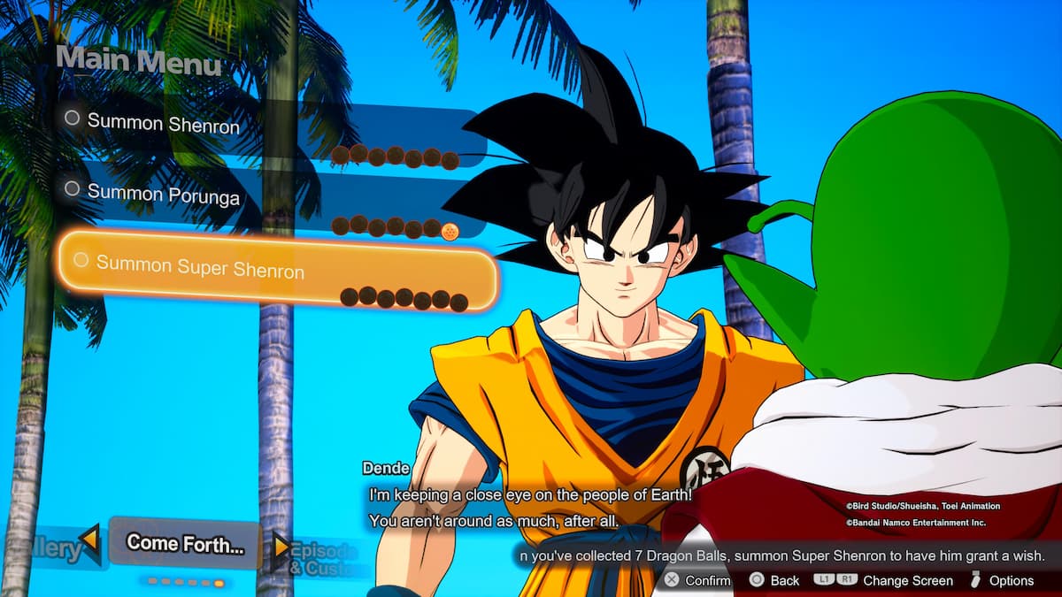 1729115839 571 Comment faire du Zeni facile dans Dragon Ball Spark ZERO Goku et Dende discutent des options de souhaits dans Dragon Ball : Sparking ! ZERO, avec le menu affichant Invocation de Shenron, Invocation de Porunga et Invocation de Super Shenron.